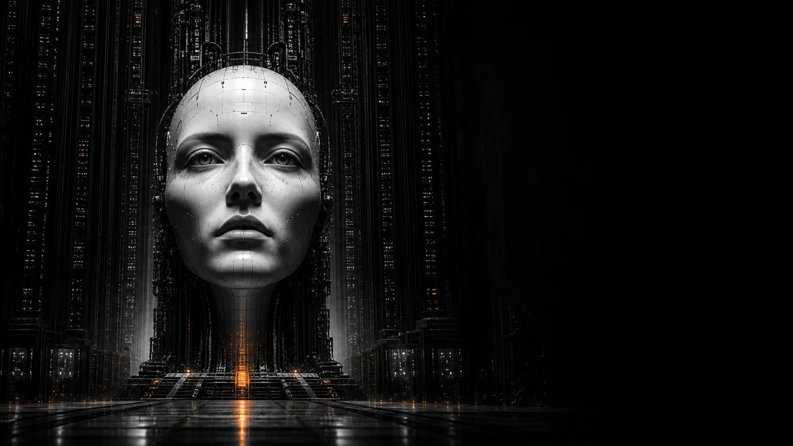 A flawless, expressionless synthetic face under hard cold light.