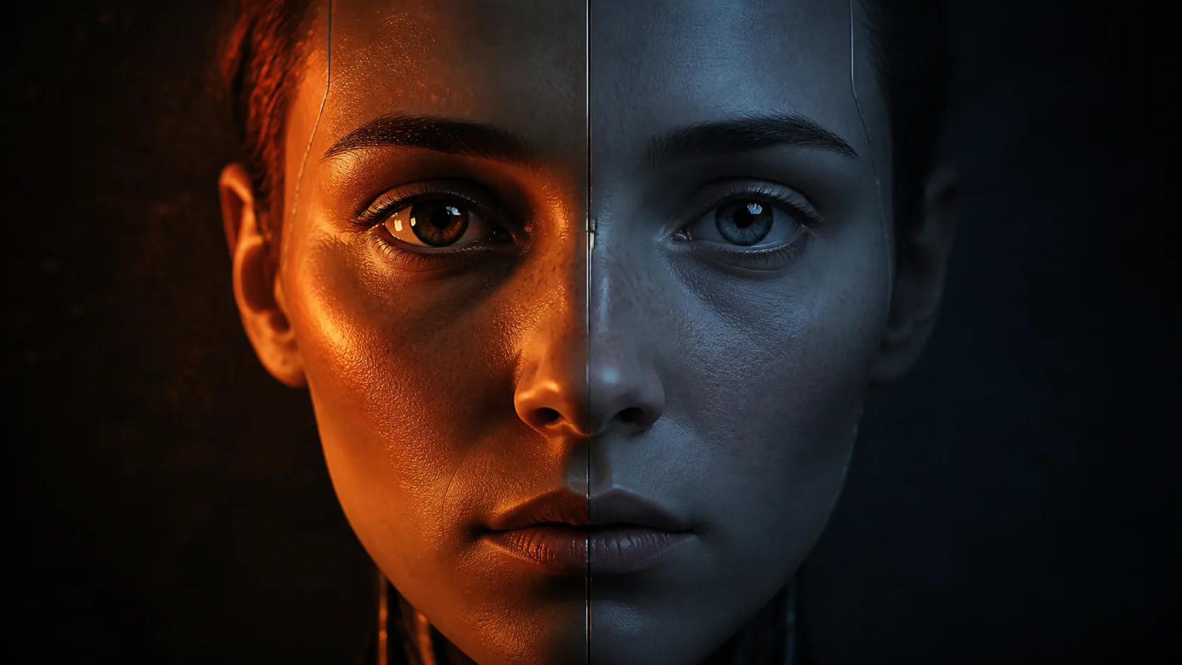 A diptych of the same face, one warm and intense, one cool and flat.