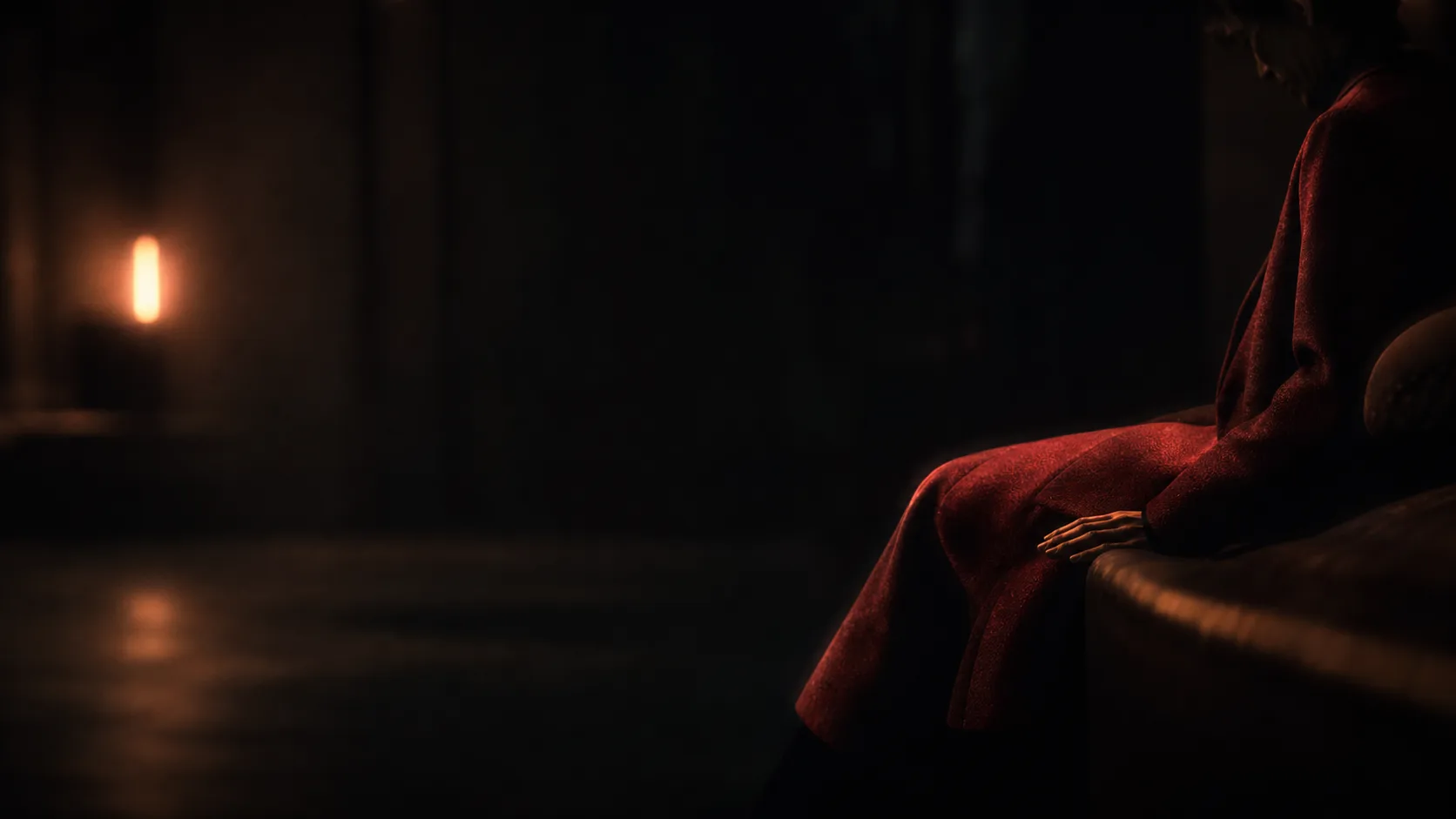 A dim room with one figure in a red coat, seen as if remembered.